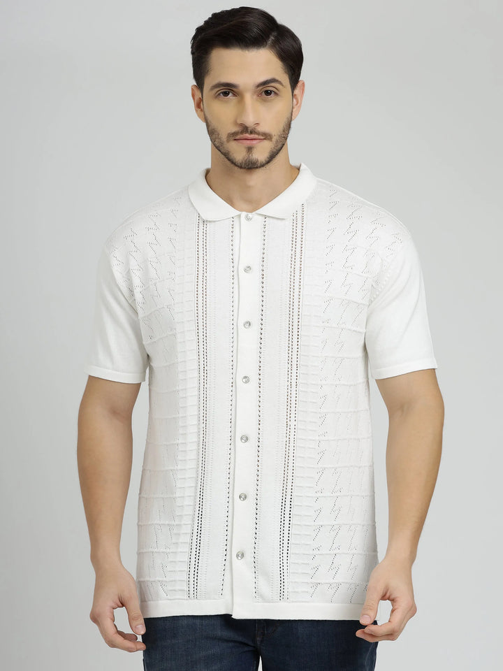 White Half Sleeve Men's Knit Shirt Crochet - Vogue93