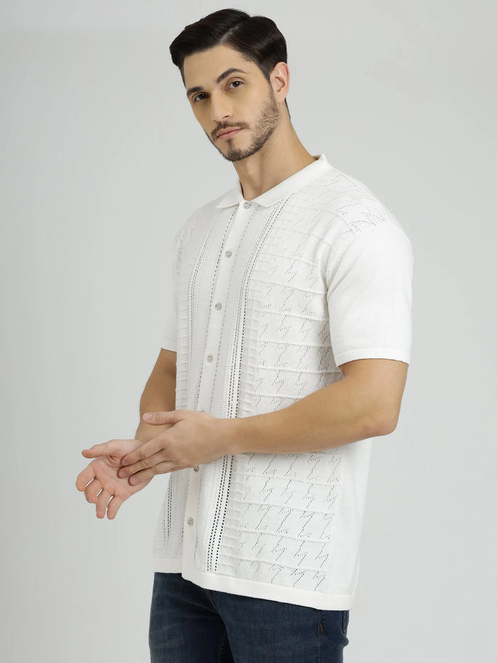 White Half Sleeve Men's Knit Shirt Crochet - Vogue93