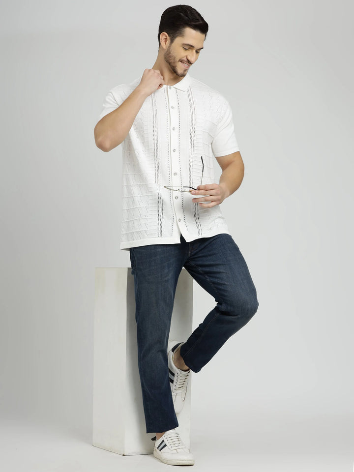 White Half Sleeve Men's Knit Shirt Crochet - Vogue93