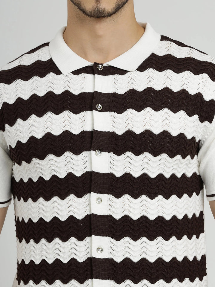 Half Sleeve Men's Knit Shirt - White & Rich Coffee Stripes - Vogue93