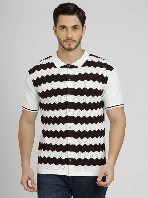 Half Sleeve Men's Knit Shirt - White & Rich Coffee Stripes - Vogue93