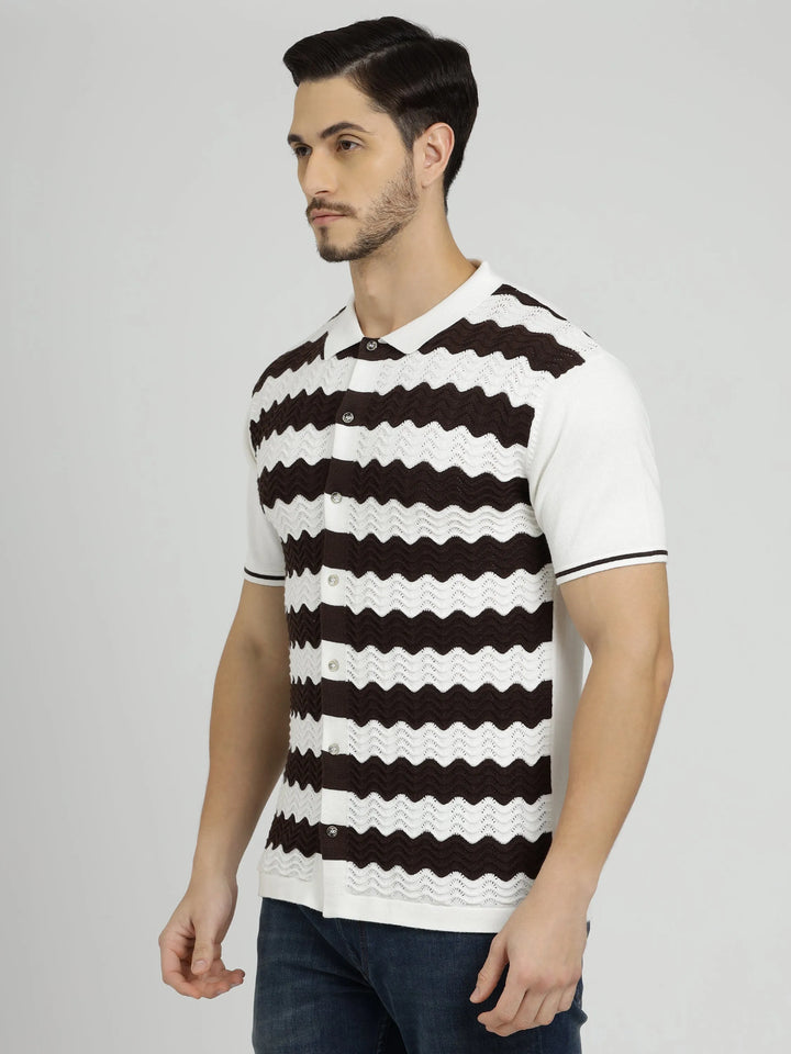 Half Sleeve Men's Knit Shirt - White & Rich Coffee Stripes - Vogue93