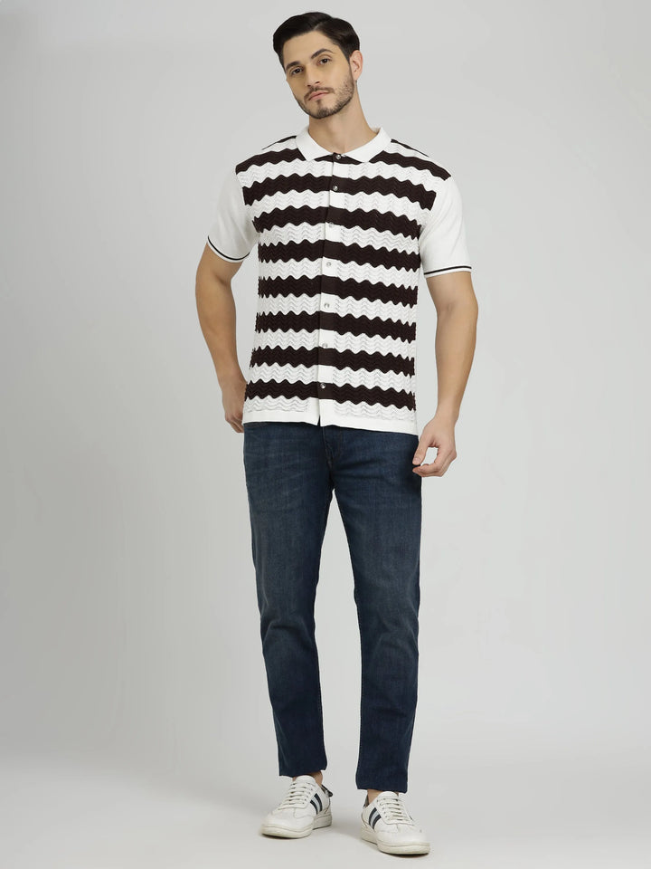 Half Sleeve Men's Knit Shirt - White & Rich Coffee Stripes - Vogue93