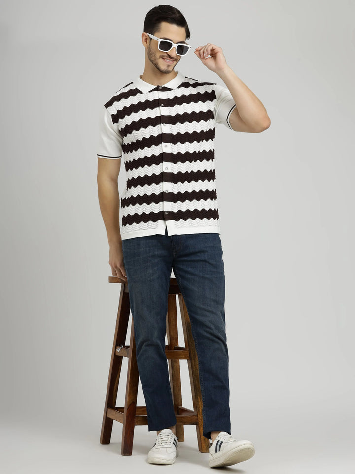 Half Sleeve Men's Knit Shirt - White & Rich Coffee Stripes - Vogue93