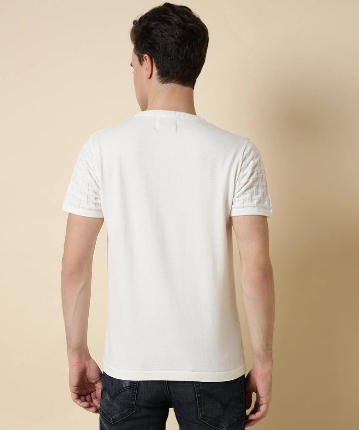 Men's Arctic White Round Neck Halfsleeve Knit Tshirt - Vogue93