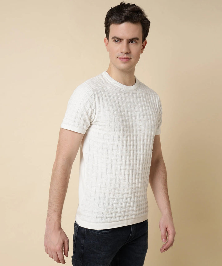 Men's Arctic White Round Neck Halfsleeve Knit Tshirt - Vogue93