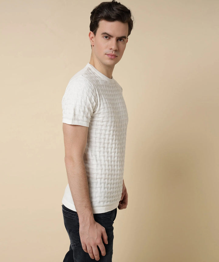 Men's Arctic White Round Neck Halfsleeve Knit Tshirt - Vogue93