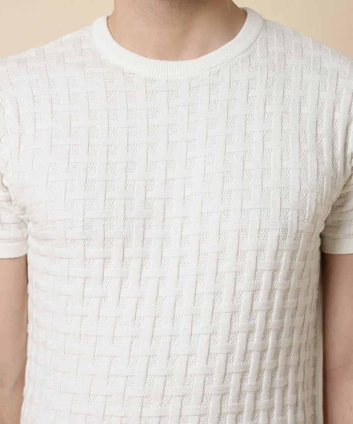 Men's Arctic White Round Neck Halfsleeve Knit Tshirt - Vogue93