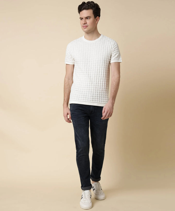 Men's Arctic White Round Neck Halfsleeve Knit Tshirt - Vogue93