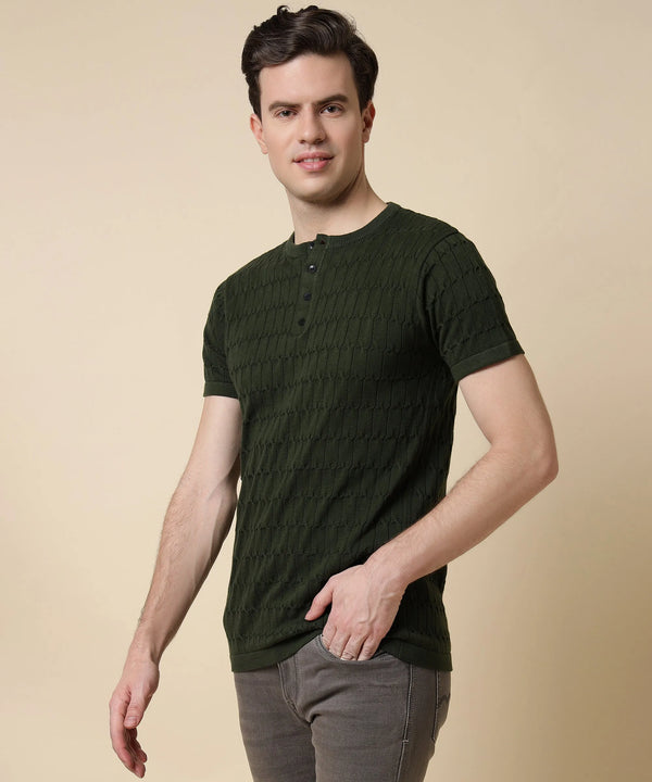 Round Neck Halfsleeve Knit Tshirt Men in Mystic Olive - Vogue93