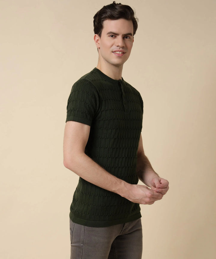 Round Neck Halfsleeve Knit Tshirt Men in Mystic Olive - Vogue93