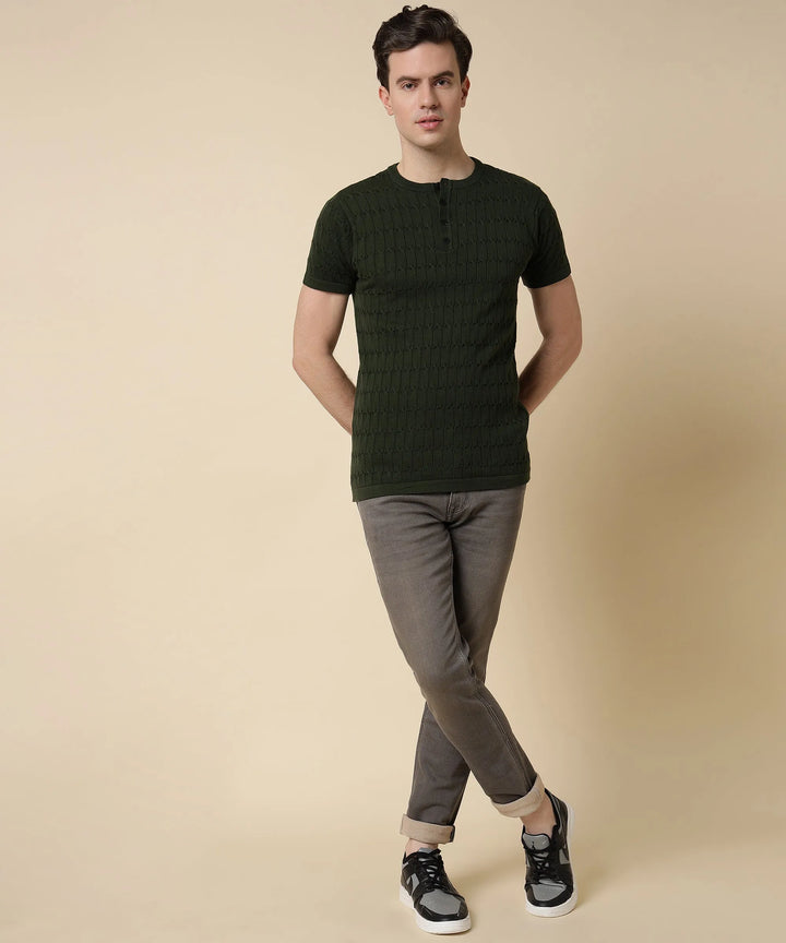 Round Neck Halfsleeve Knit Tshirt Men in Mystic Olive - Vogue93