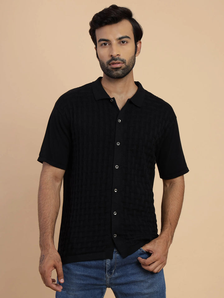 Elegant Black Knit Half Sleeve Men's Shirt - Vogue93