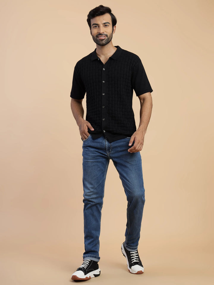 Elegant Black Knit Half Sleeve Men's Shirt - Vogue93