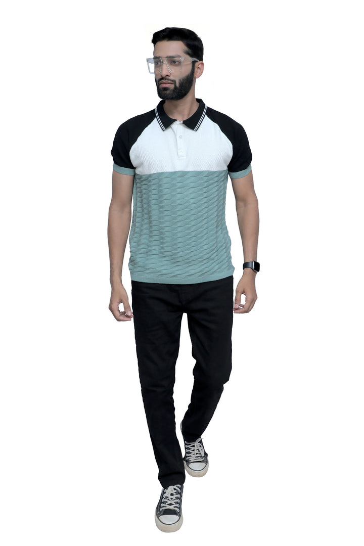 Knitted T-Shirt Half Sleeve Men Himalayan Teal - Vogue93