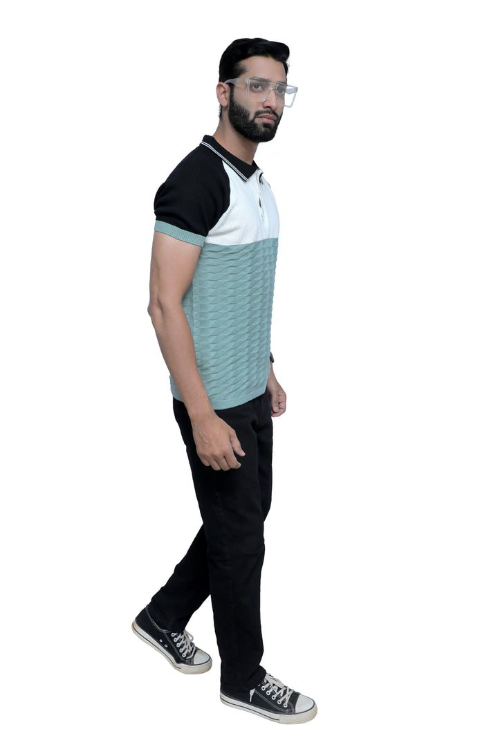 Knitted T-Shirt Half Sleeve Men Himalayan Teal - Vogue93