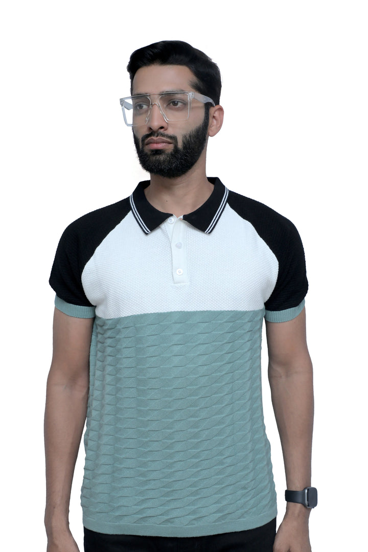 Knitted T-Shirt Half Sleeve Men Himalayan Teal - Vogue93