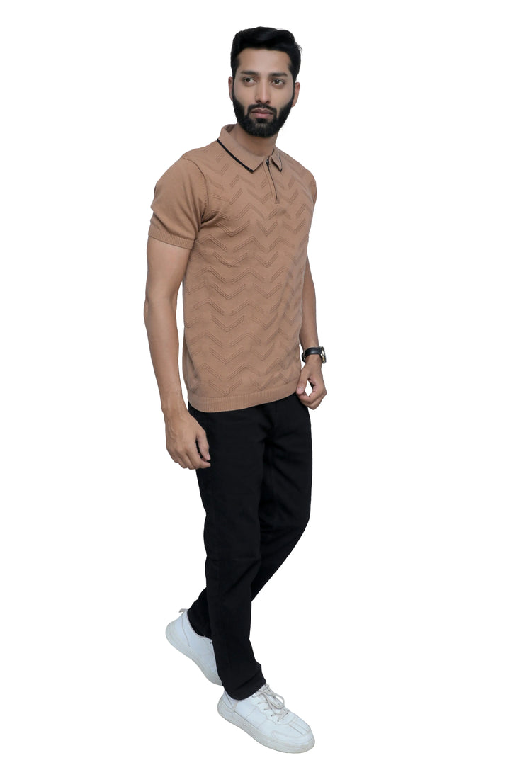 Knitted Half Sleeve Men T-Shirt Desert Sandstone - Vogue93