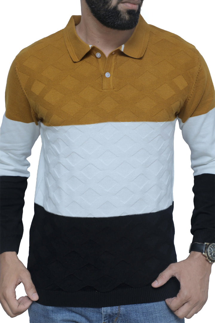 Full Sleeve Knitted T-Shirt Men Golden Saffron - Vogue93