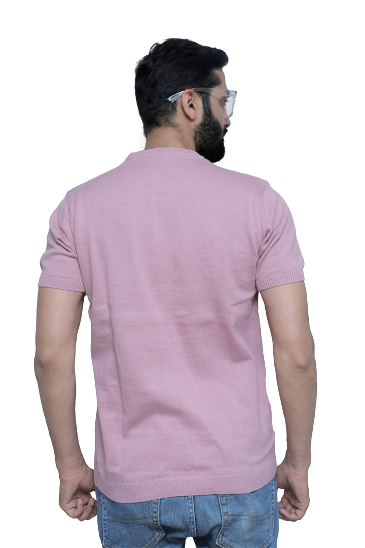 Half Sleeve Tee Round Neck Knitted Petal Pink - Vogue93