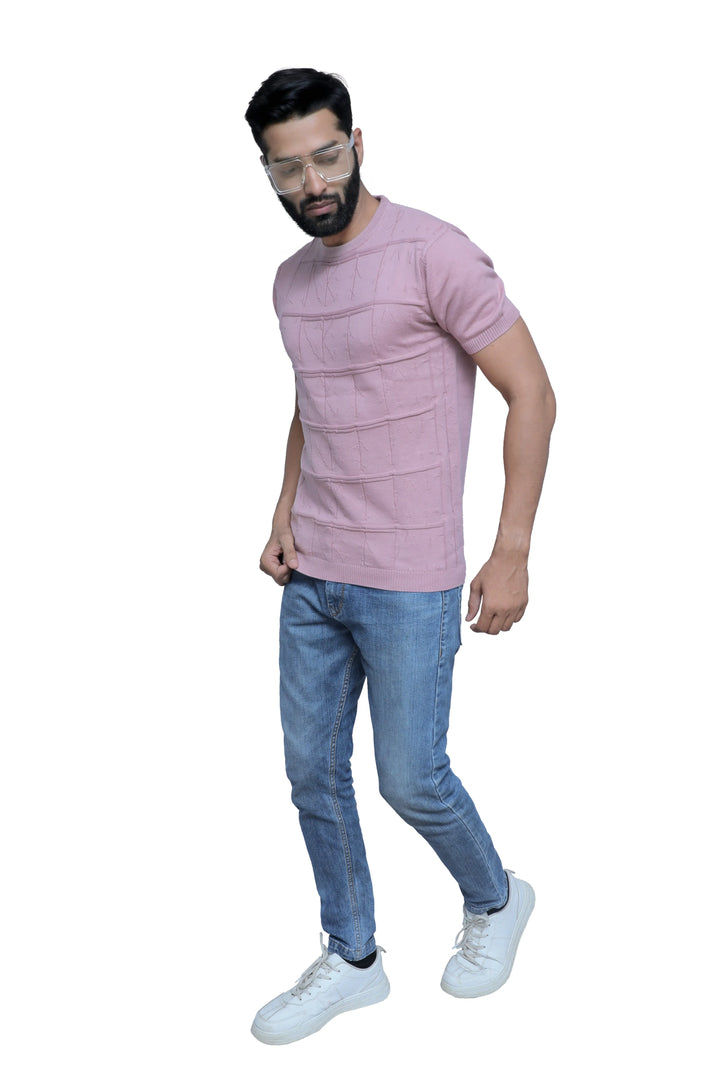 Half Sleeve Tee Round Neck Knitted Petal Pink - Vogue93