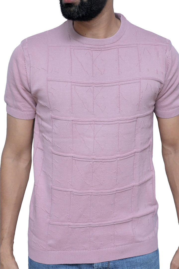 Half Sleeve Tee Round Neck Knitted Petal Pink - Vogue93