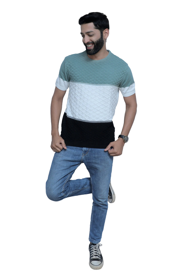 Round Neck Half Sleeve Knitted Tee Stormy Teal - Vogue93