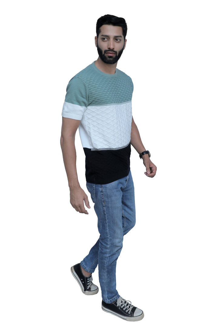 Round Neck Half Sleeve Knitted Tee Stormy Teal - Vogue93