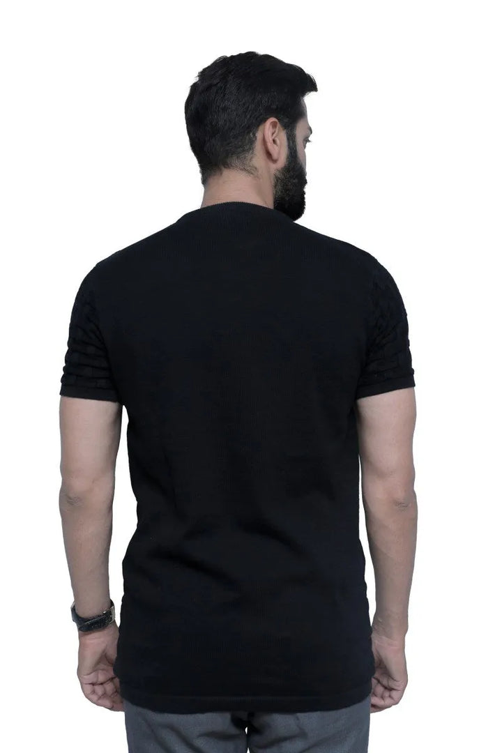 Half Sleeve Knitted Tee Round Neck Raven Black - Vogue93