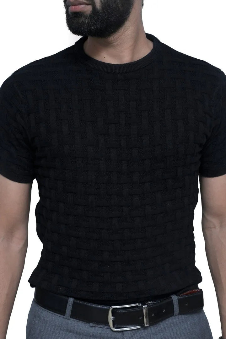 Half Sleeve Knitted Tee Round Neck Raven Black - Vogue93