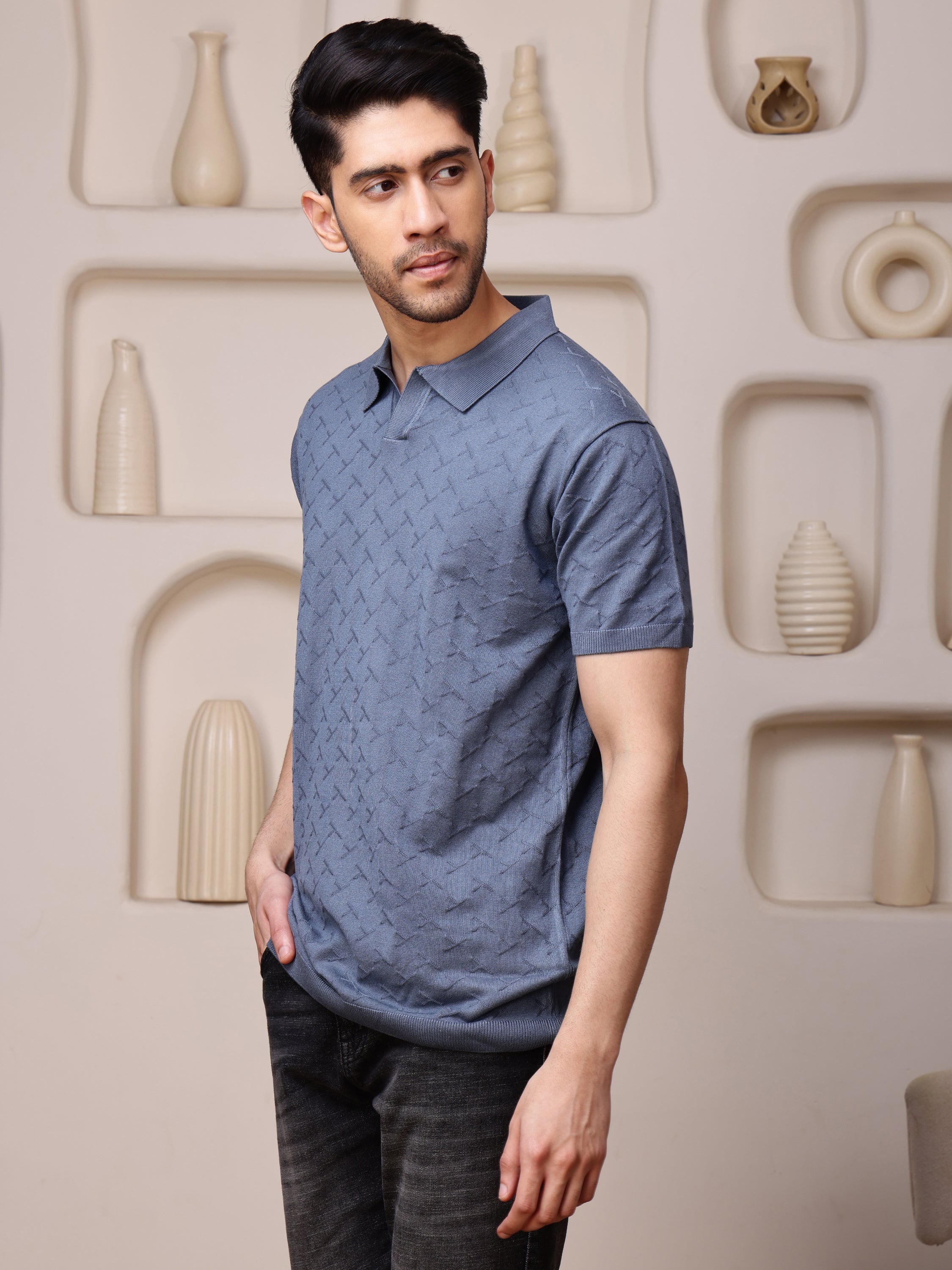 Vogue93 Collar Half Sleeve Knitted Polo Slate Blue Diamond