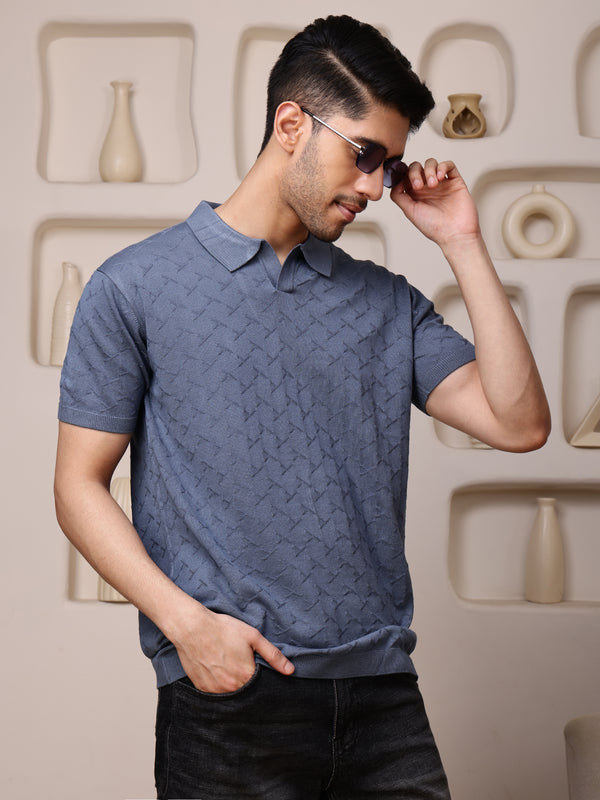 Vogue93 Collar Half Sleeve Knitted Polo Slate Blue Diamond