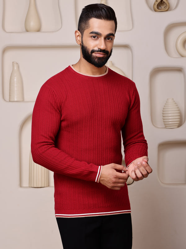 Vogue93 Round Neck Full Sleeve Knitted Tee Crimson Red Knit
