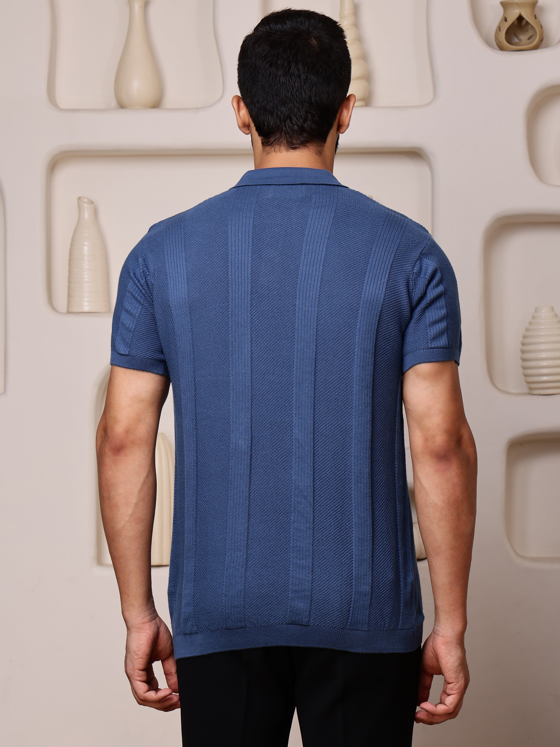 Vogue93 Collar Half Sleeve Knitted Polo Steel Blue Matrix