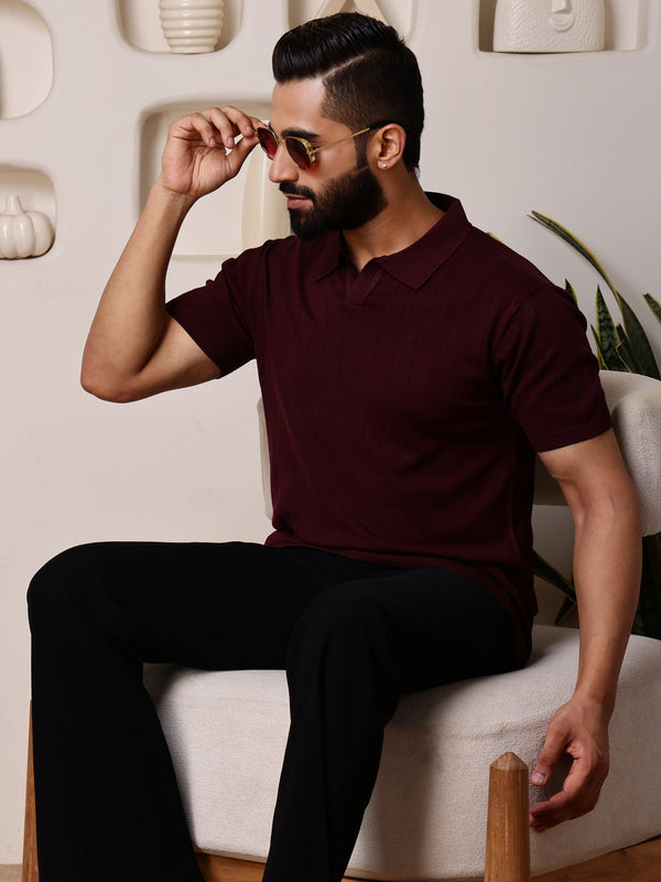 Vogue93 Collar Half Sleeve Knitted Polo Burgundy Ribbed