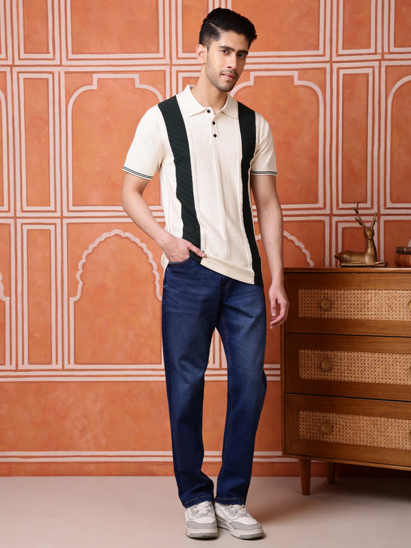 Vogue93 Collar Half Sleeve Knitted Polo Almond White & Dark Green Panel