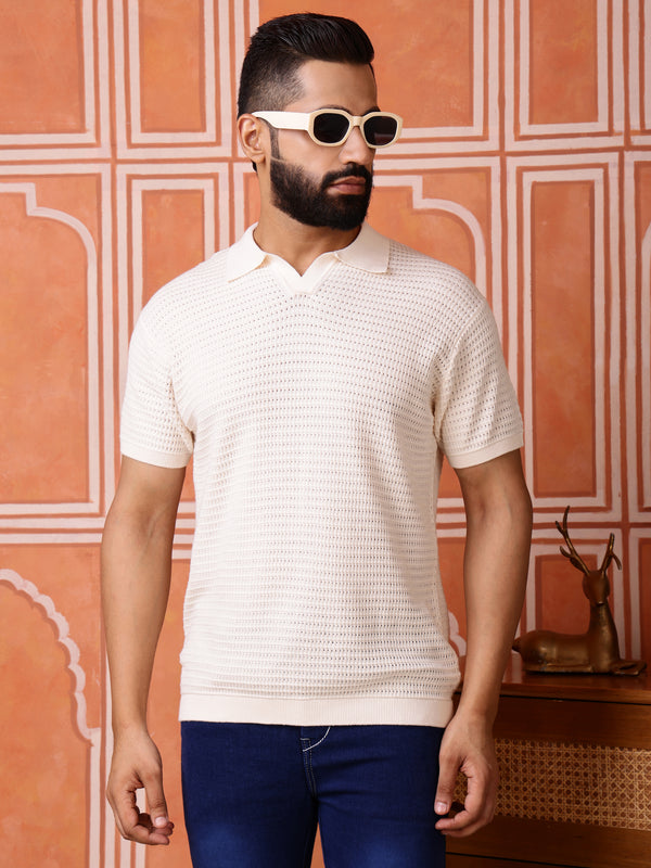 Vogue93 Collar Half Sleeve Knitted Polo Ivory Knit Mesh