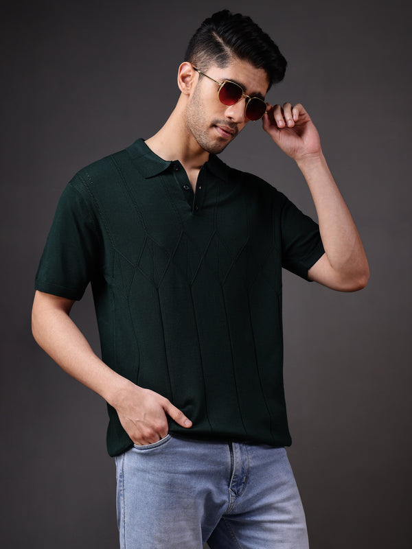 Vogue93 Collar Half Sleeve Knitted Polo Deep Green Geometric