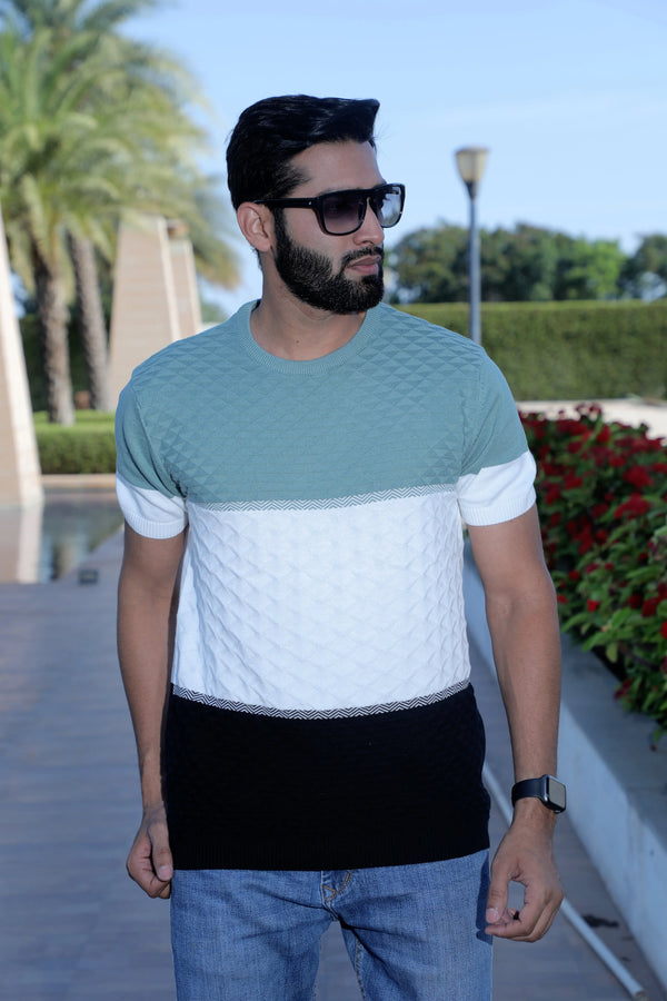 Round Neck Half Sleeve Knitted Tee Stormy Teal - Vogue93