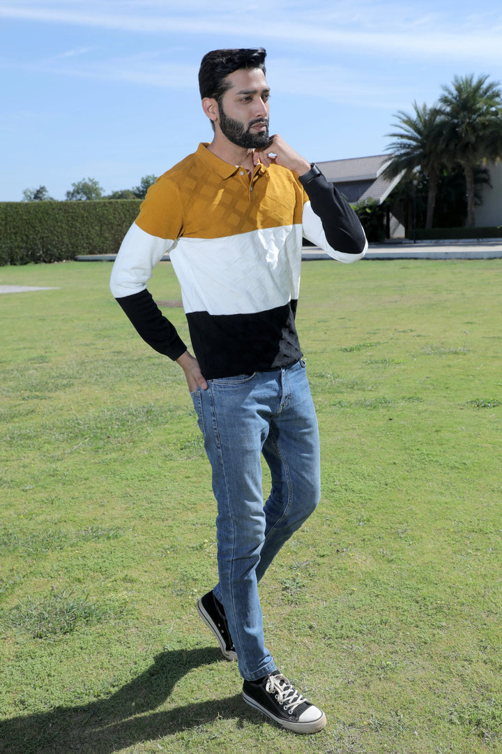 Full Sleeve Knitted T-Shirt Men Golden Saffron - Vogue93