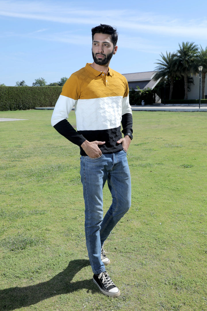 Full Sleeve Knitted T-Shirt Men Golden Saffron - Vogue93