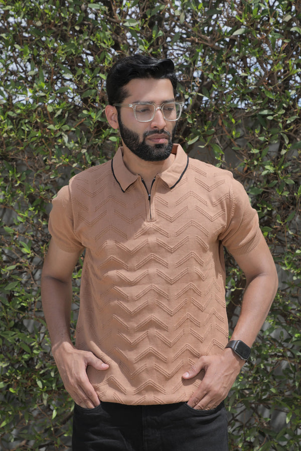 Knitted Half Sleeve Men T-Shirt Desert Sandstone - Vogue93