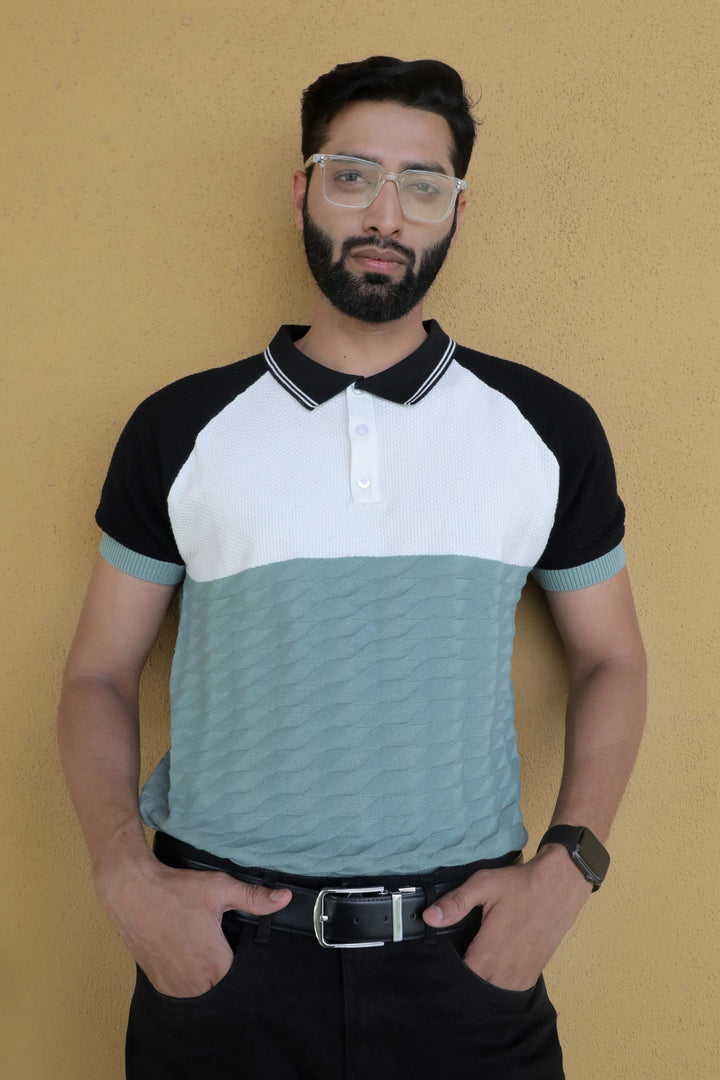 Knitted T-Shirt Half Sleeve Men Himalayan Teal - Vogue93