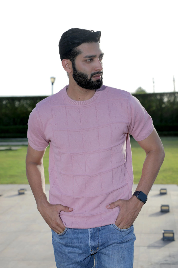 Half Sleeve Tee Round Neck Knitted Petal Pink - Vogue93