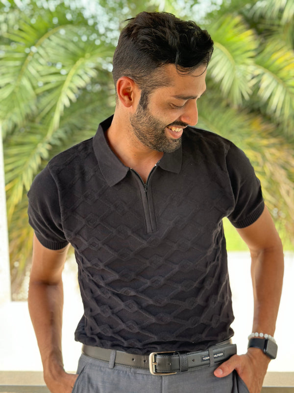 Men's Knitted Jet Black Collared T-Shirt - Textured Design