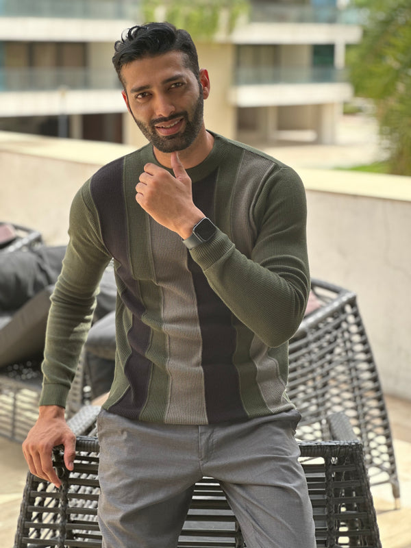 Men's Knitted Full Sleeve T-Shirt - Olive Green Striped Design